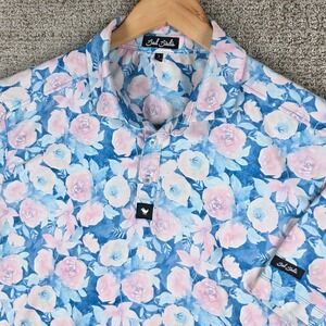 Bad Birdie Mens Large Floral Golf Polo Shirt Blue Pink Short Sleeve Performance